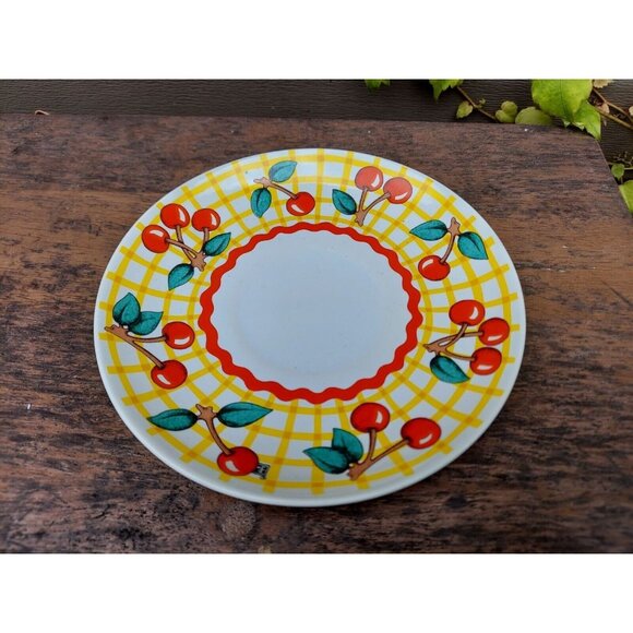 Mary Engelbreit Cherries on Yellow Plaid Replacement Saucer - Picture 1 of 2